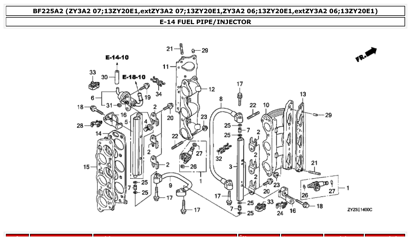 Honda BF225A2 FUEL PIPE/INJECTOR parts diagram
