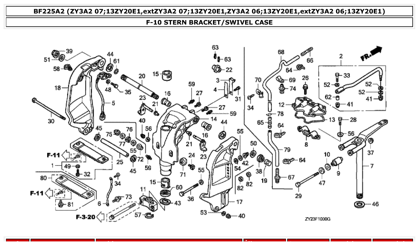 Honda BF225A2 STERN BRACKET/SWIVEL CASE parts diagram