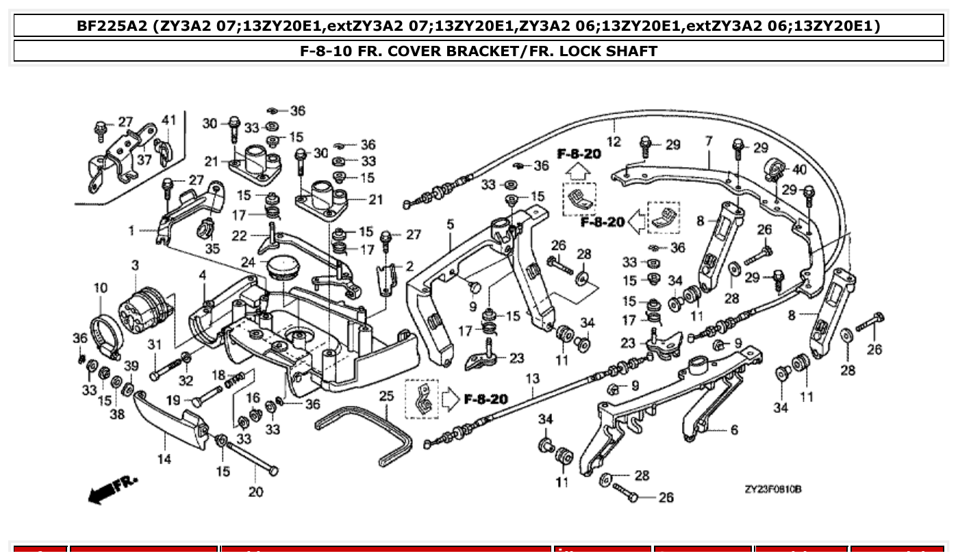 Honda BF225A2 FR. COVER BRACKET/FR. LOCK SHAFT parts diagram