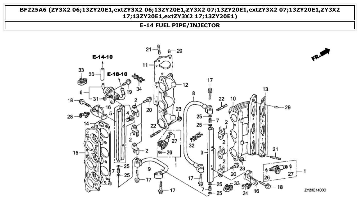 Honda BF225A6 FUEL PIPE/INJECTOR parts diagram