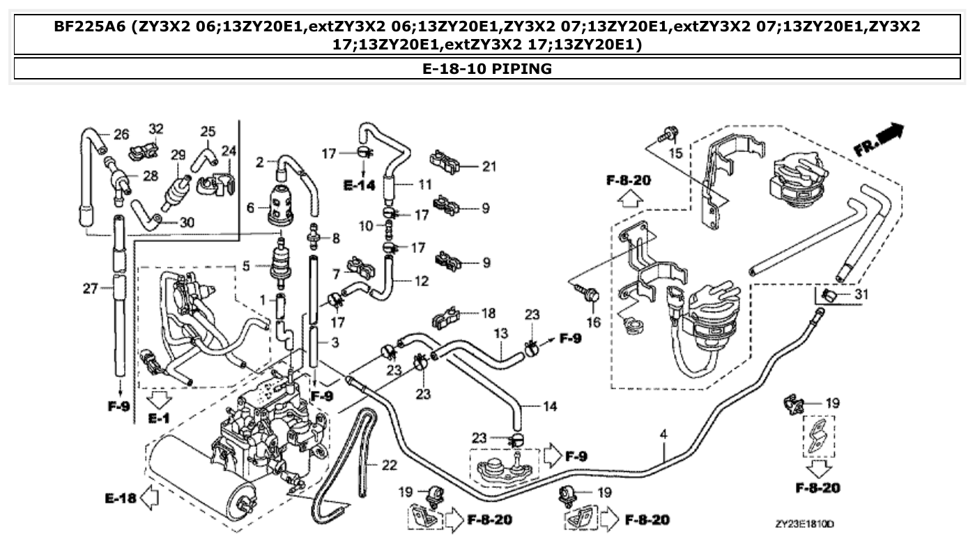 Honda BF225A6 PIPING parts diagram