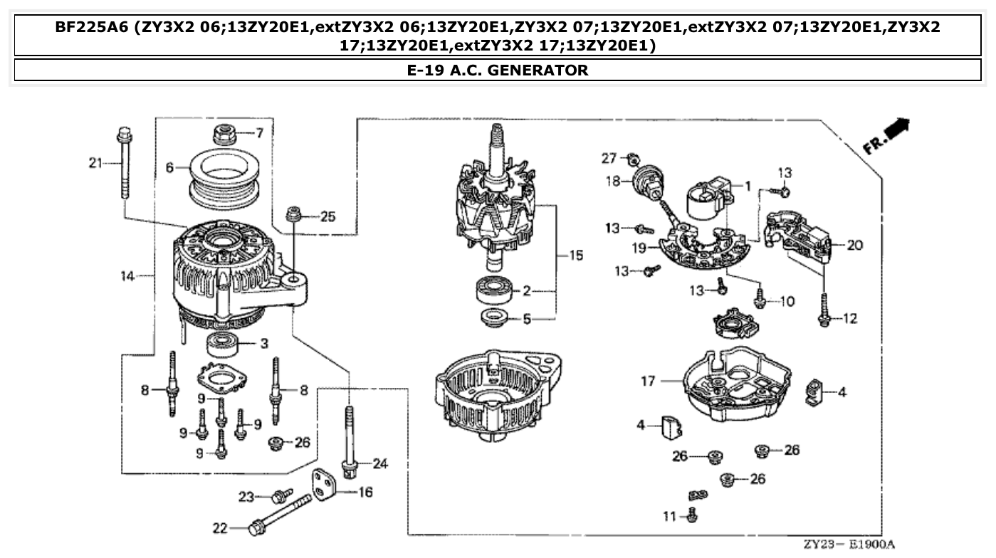Honda BF225A6 A.C. GENERATOR parts diagram