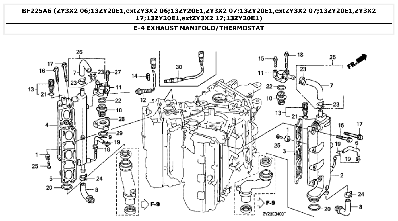 Honda BF225A6 EXHAUST MANIFOLD/THERMOSTAT parts diagram