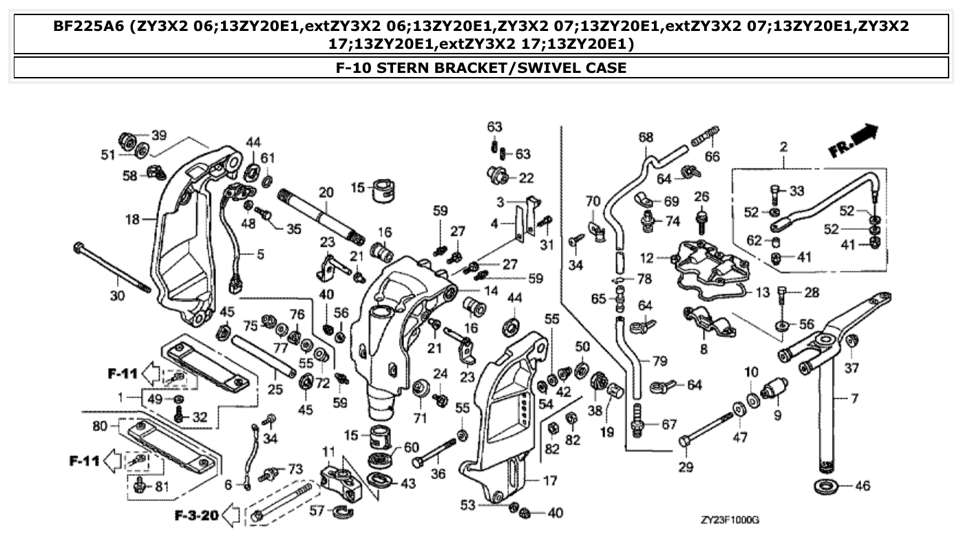 Honda BF225A6 STERN BRACKET/SWIVEL CASE parts diagram