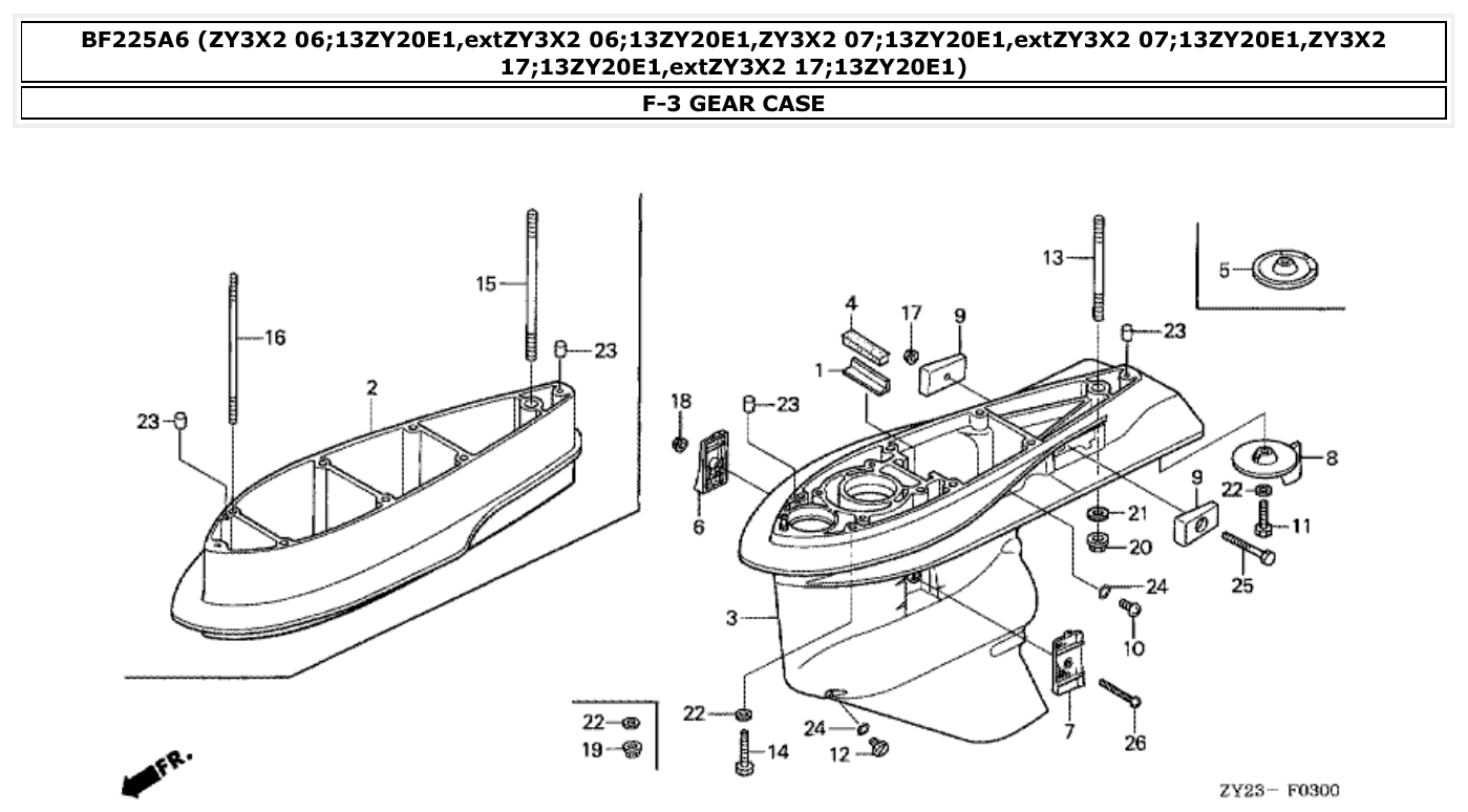 Honda BF225A6 GEAR CASE parts diagram