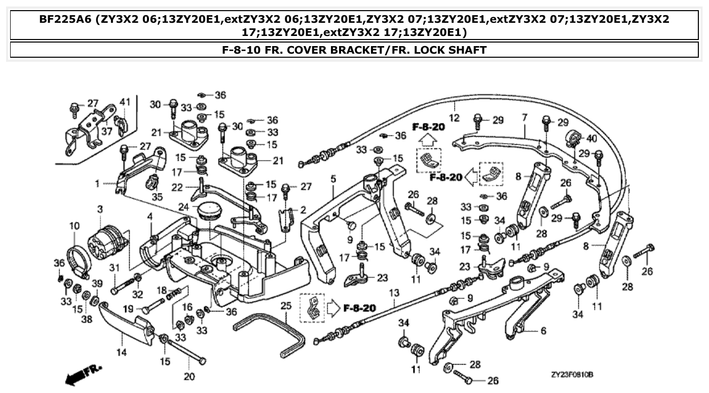 Honda BF225A6 FR. COVER BRACKET/FR. LOCK SHAFT parts diagram