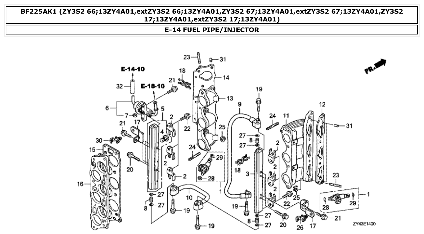 Honda BF225AK1 FUEL PIPE/INJECTOR parts diagram