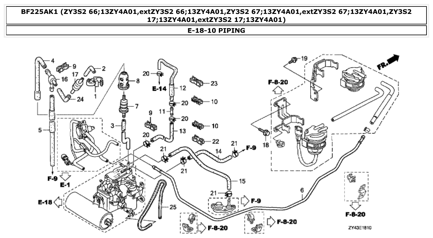 Honda BF225AK1 PIPING parts diagram