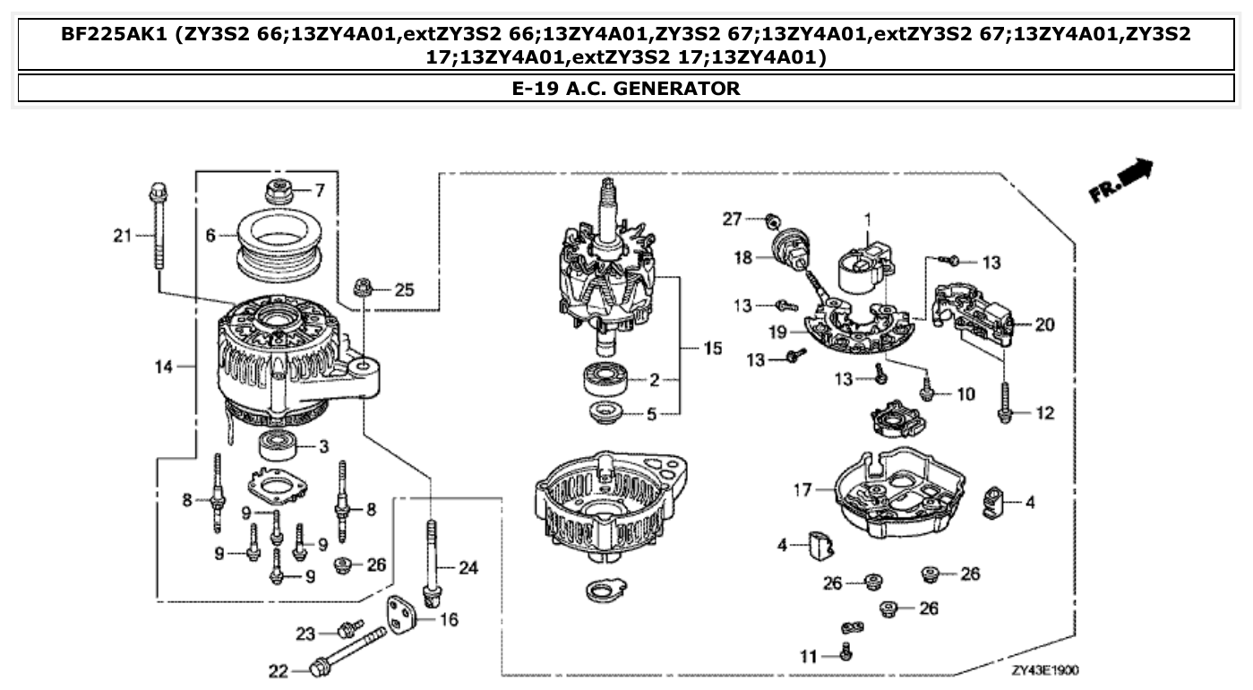 Honda BF225AK1 A.C. GENERATOR parts diagram
