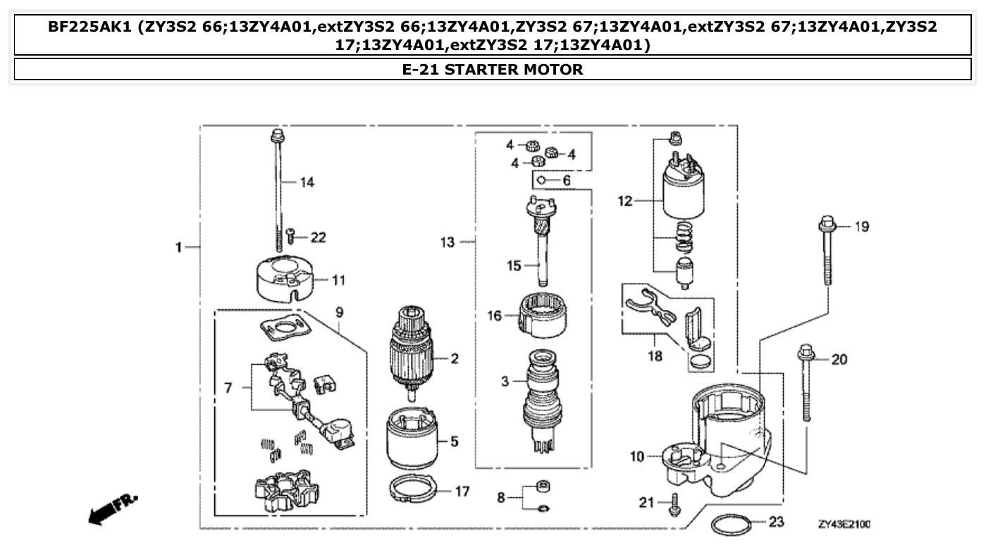 Honda BF225AK1 STARTER MOTOR parts diagram