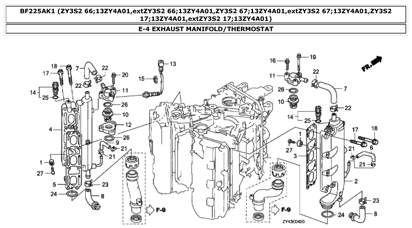 Honda BF225AK1 EXHAUST MANIFOLD/THERMOSTAT parts diagram
