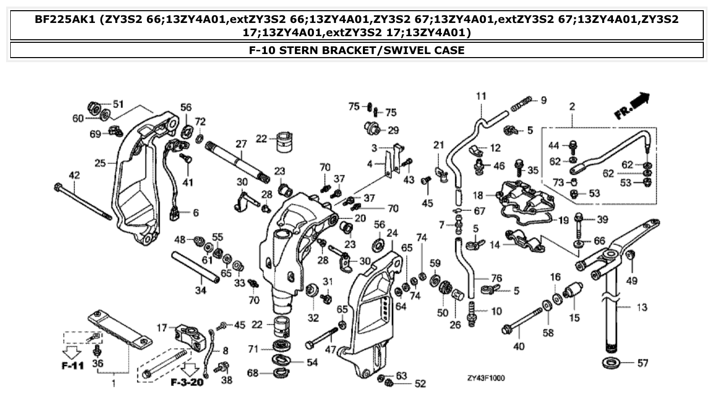 Honda BF225AK1 STERN BRACKET/SWIVEL CASE parts diagram