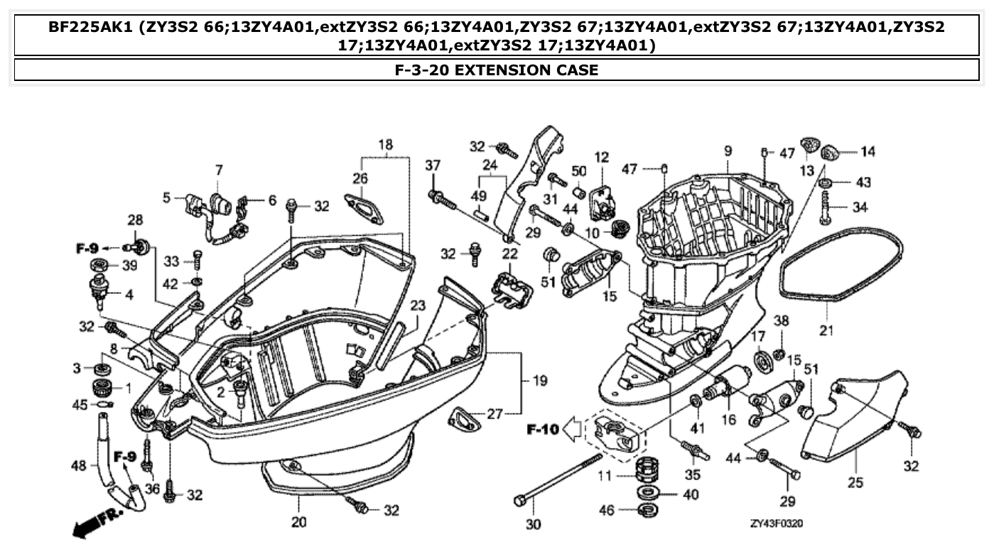 Honda BF225AK1 EXTENSION CASE parts diagram
