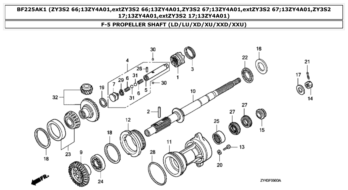 Honda BF225AK1 PROPELLER SHAFT (LD/LU/XD/XU/XXD/XXU) parts diagram