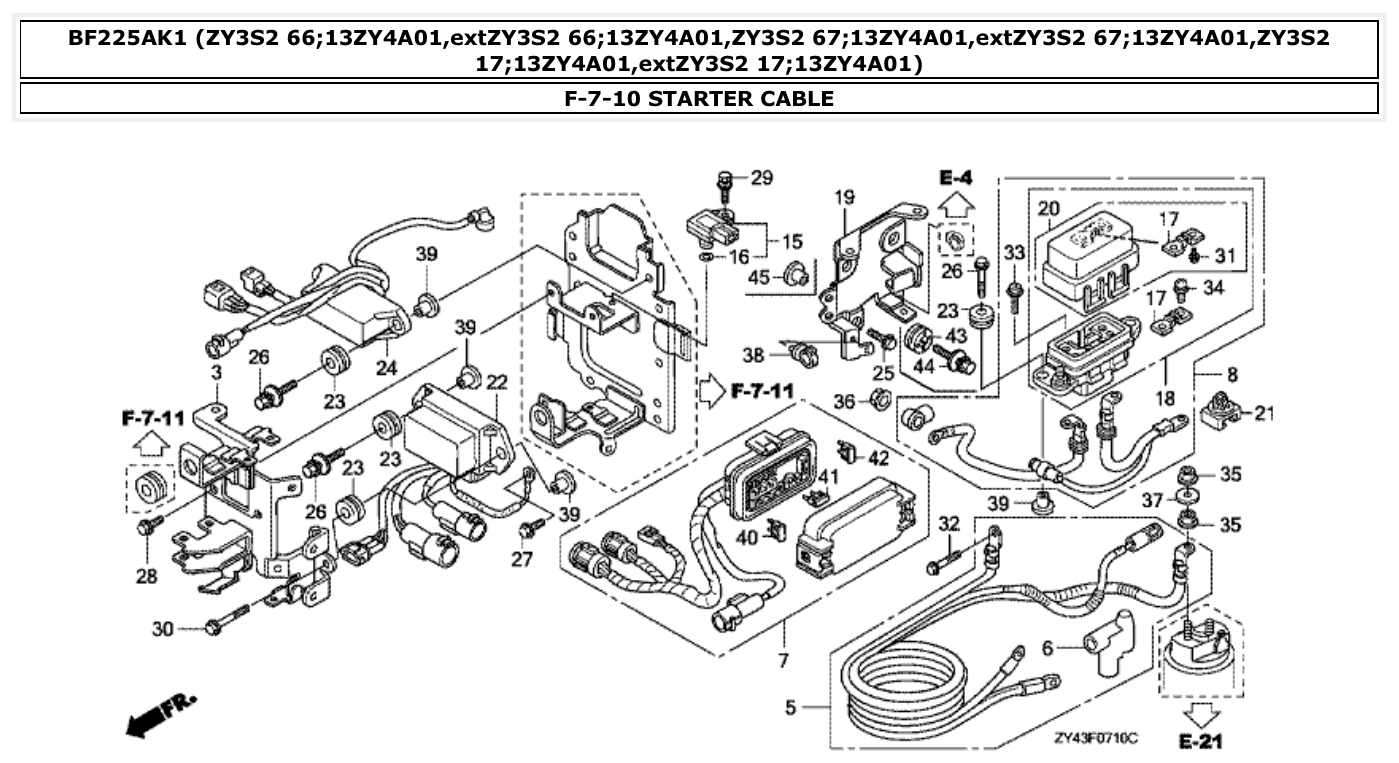Honda BF225AK1 STARTER CABLE parts diagram