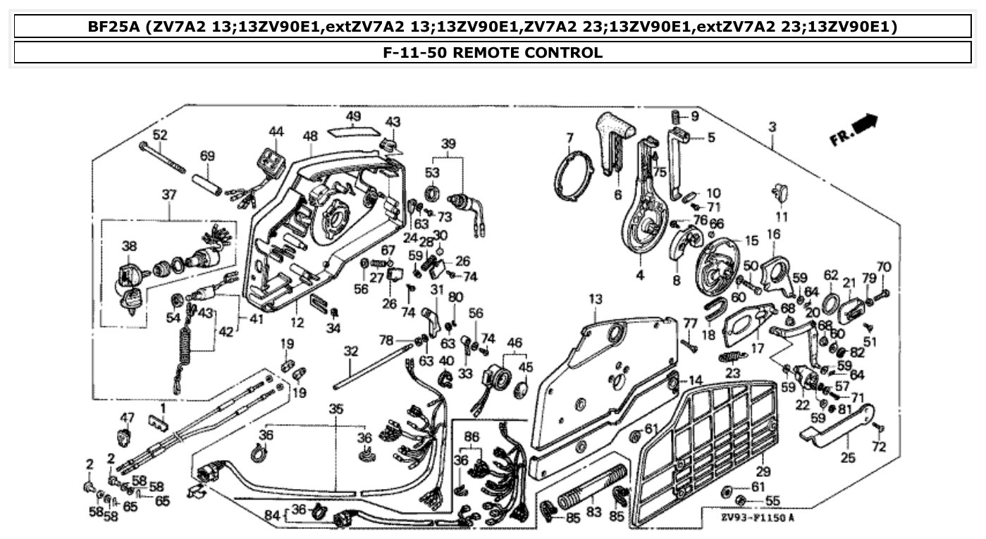 Honda BF25A REMOTE CONTROL parts diagram