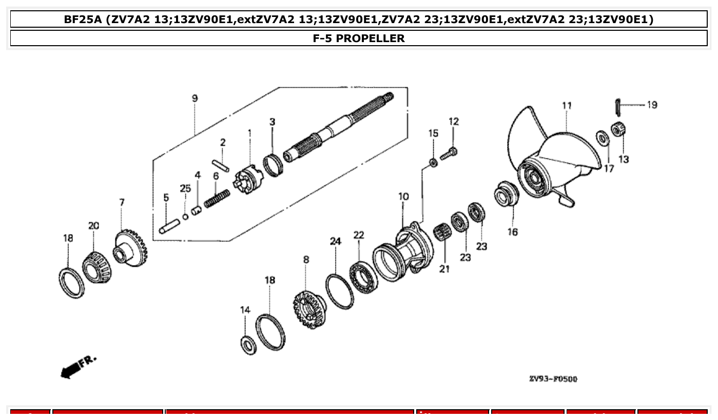 Honda BF25A PROPELLER parts diagram