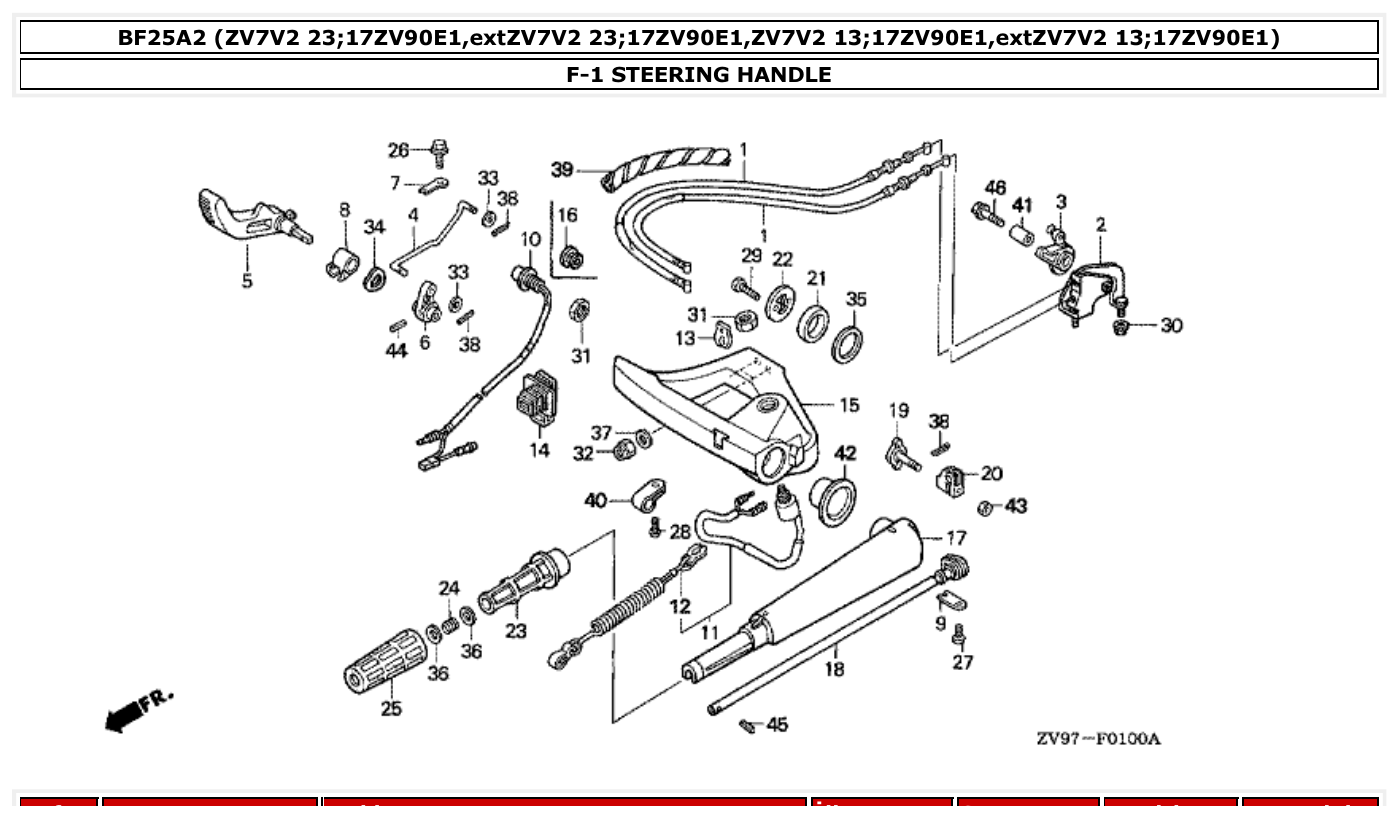 Honda BF25A2 STEERING HANDLE parts diagram