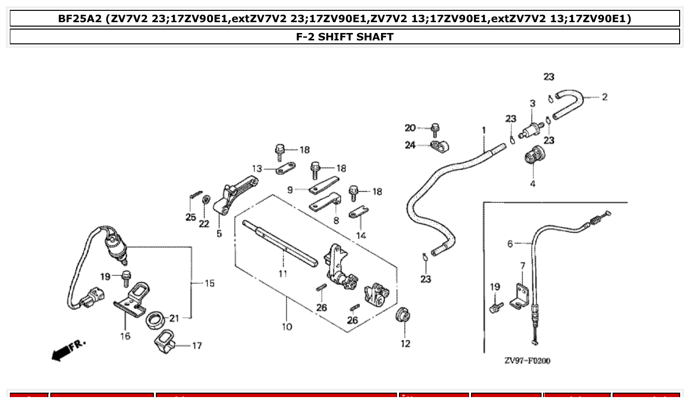 Honda BF25A2 SHIFT SHAFT parts diagram