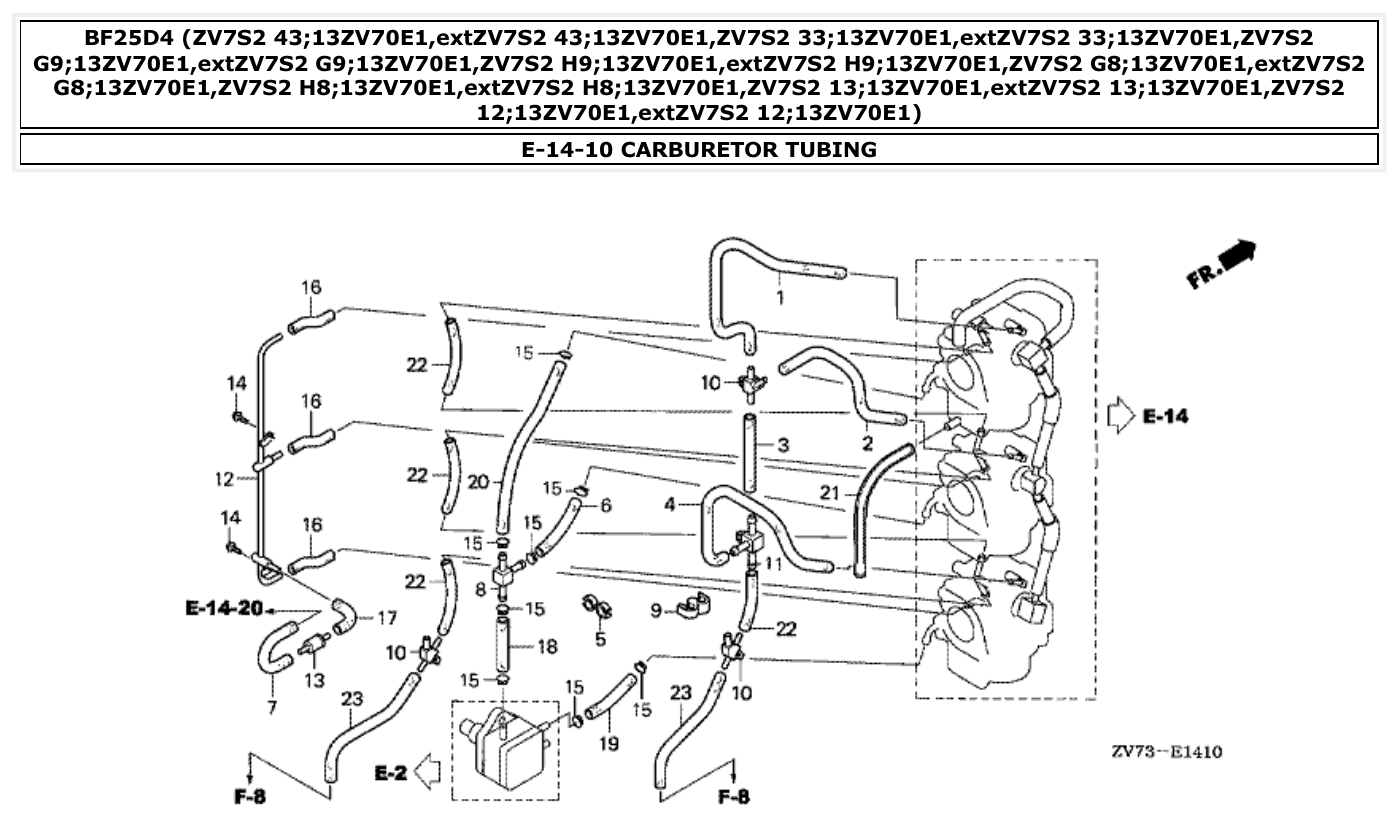 Honda BF25D4 CARBURETOR TUBING parts diagram
