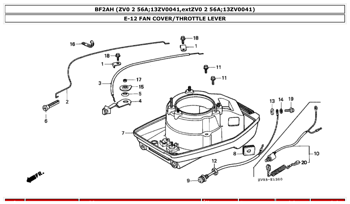 Honda BF2AH FAN COVER/THROTTLE LEVER parts diagram