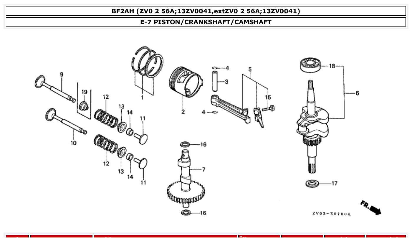 Honda BF2AH PISTON/CRANKSHAFT/CAMSHAFT parts diagram