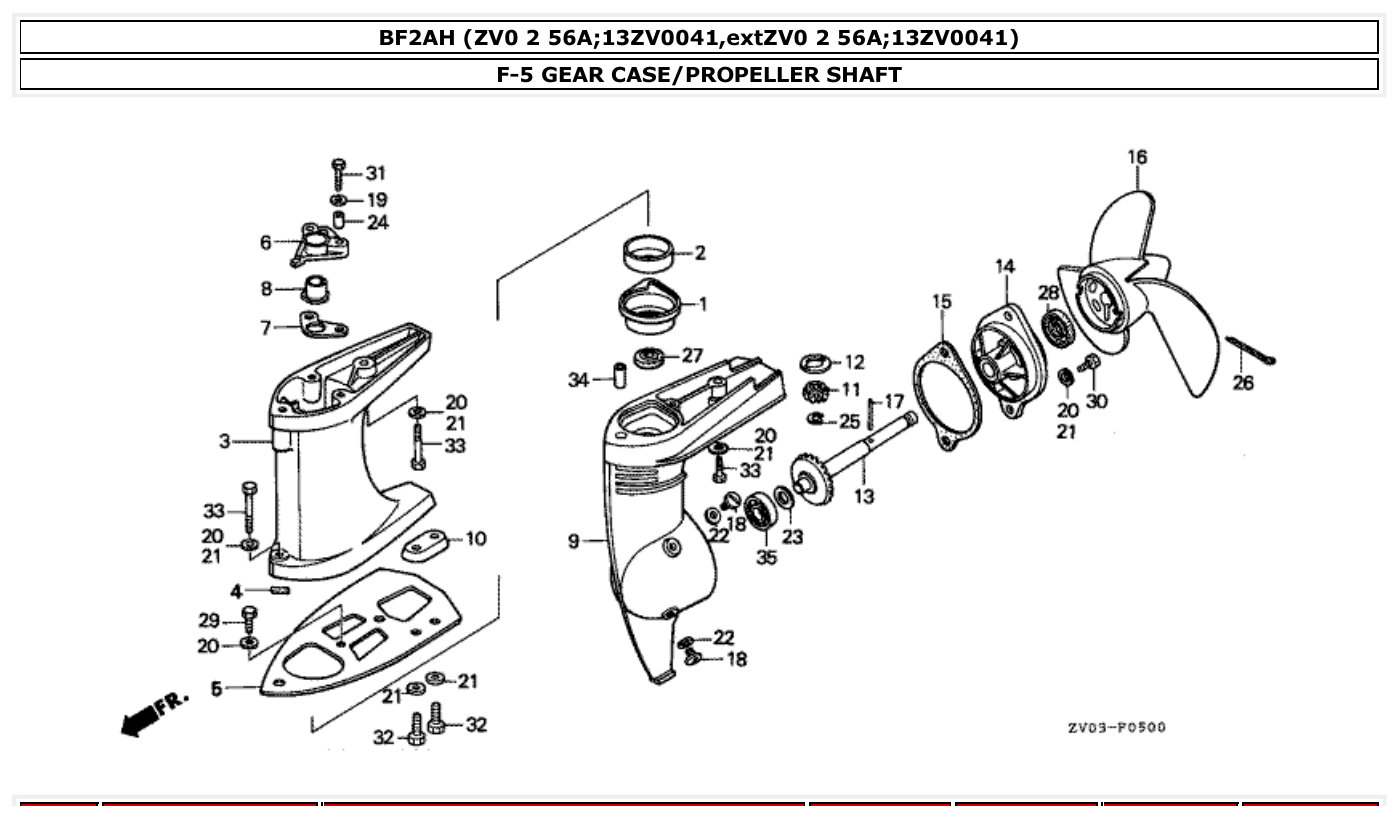 Honda BF2AH GEAR CASE/PROPELLER SHAFT parts diagram