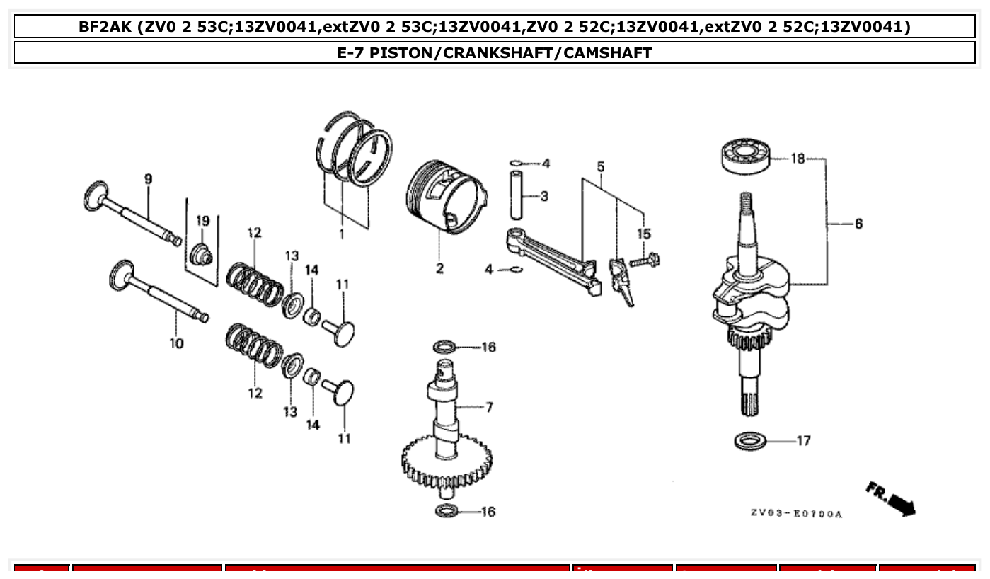 Honda BF2AK PISTON/CRANKSHAFT/CAMSHAFT parts diagram
