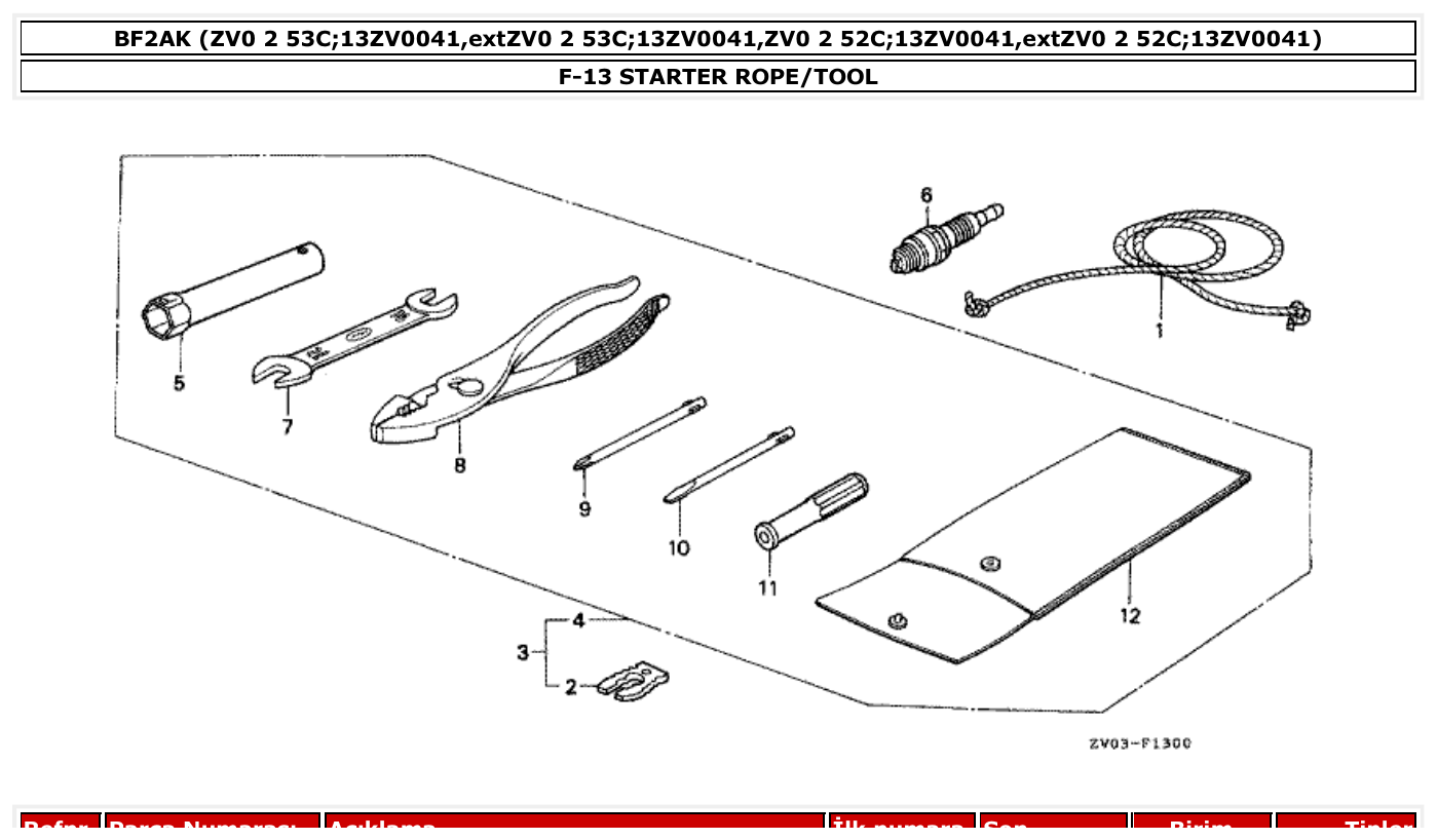 Honda BF2AK STARTER ROPE/TOOL parts diagram