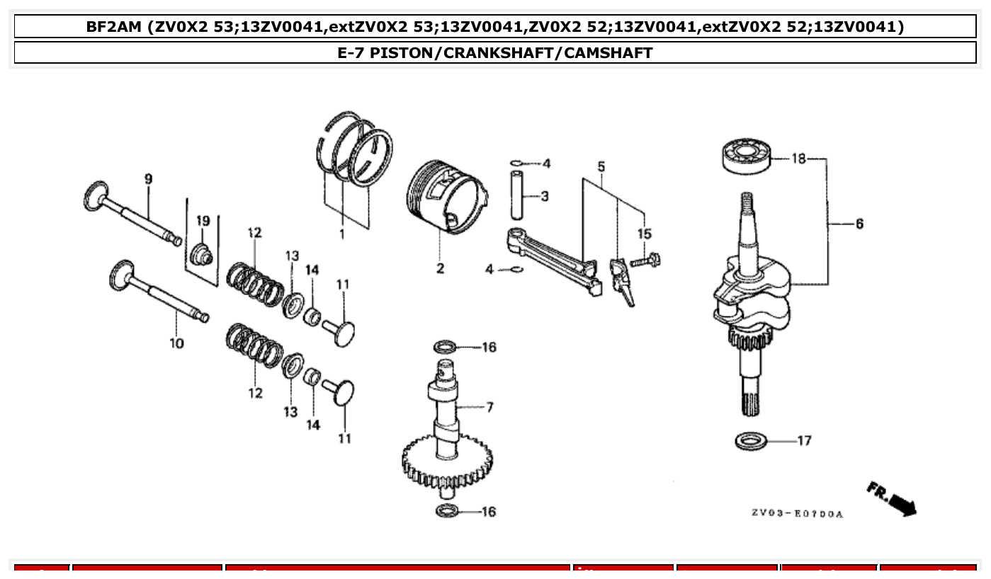 Honda BF2AM PISTON/CRANKSHAFT/CAMSHAFT parts diagram