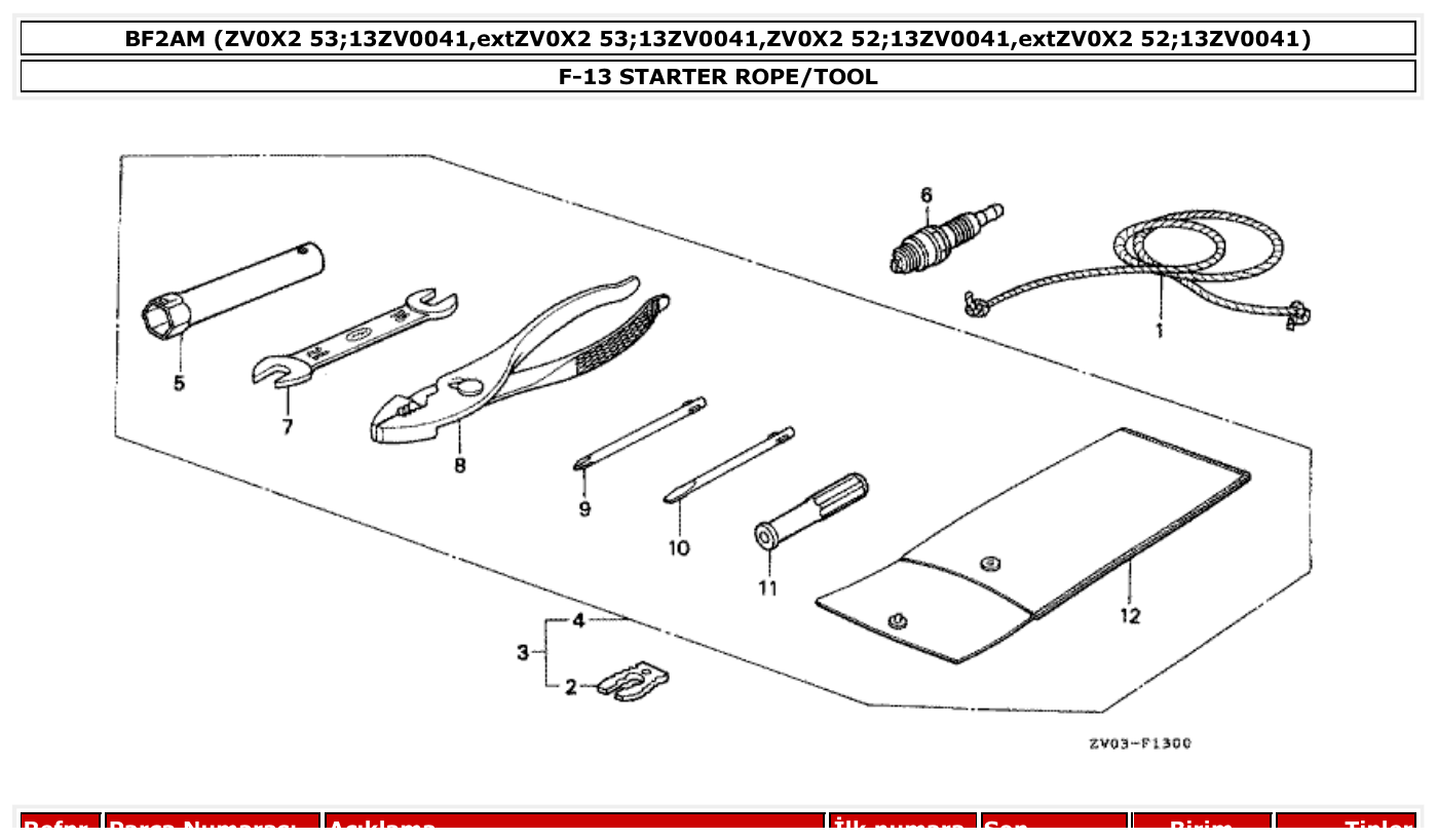 Honda BF2AM STARTER ROPE/TOOL parts diagram