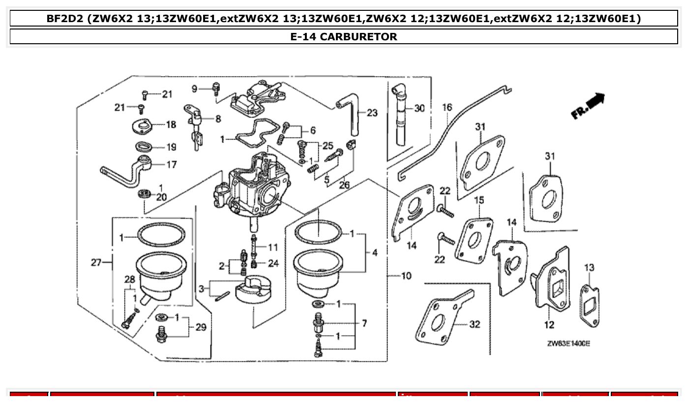Honda BF2D2 CARBURETOR parts diagram