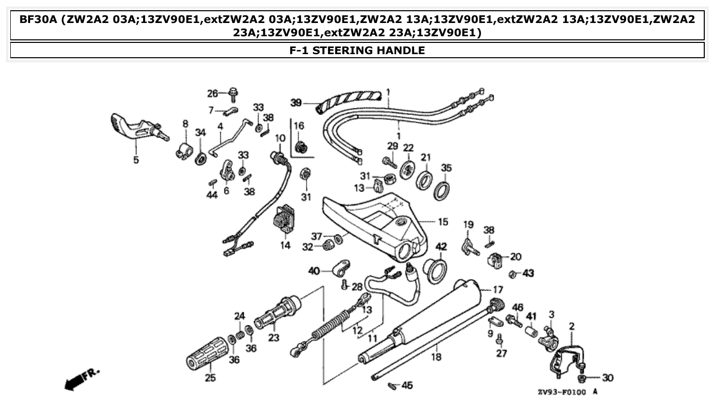 Honda BF30A STEERING HANDLE parts diagram