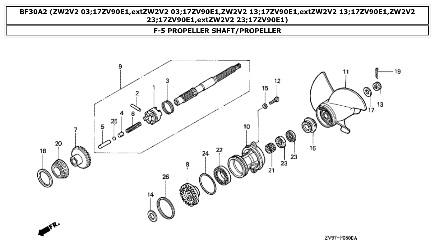 Honda BF30A2 PROPELLER SHAFT/PROPELLER parts diagram