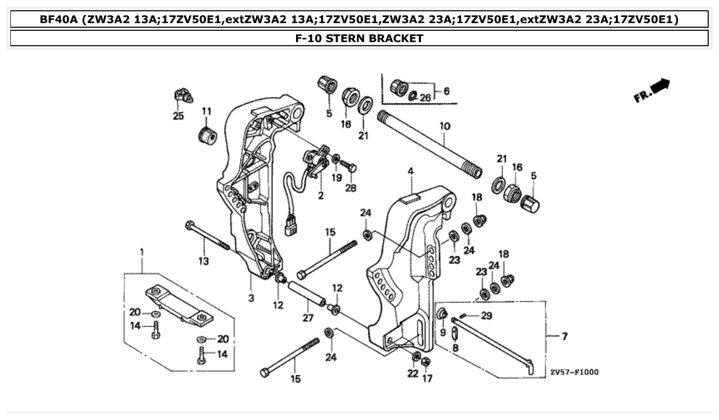 Honda BF40A STERN BRACKET parts diagram