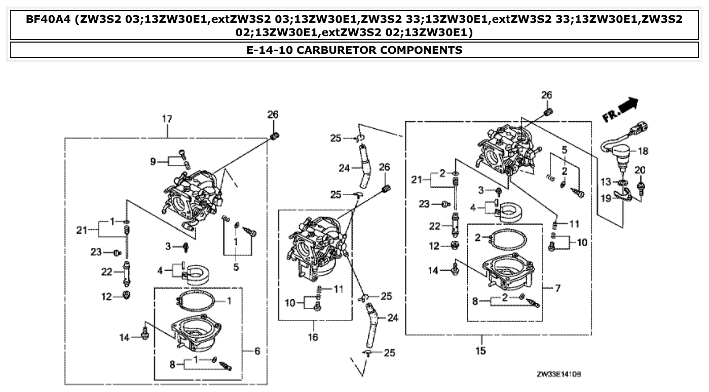 Honda BF40A4 CARBURETOR COMPONENTS parts diagram
