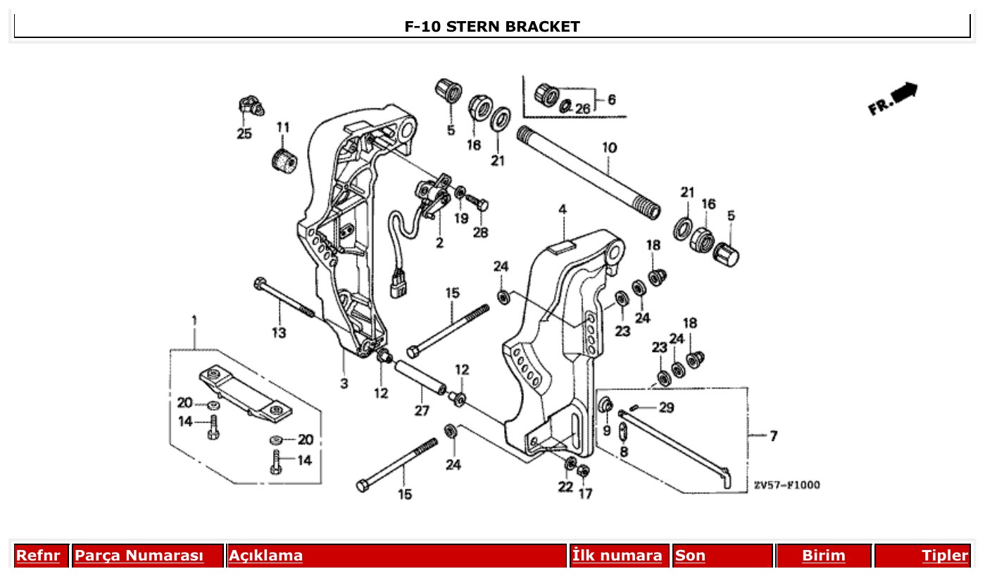 Honda BF40AX STERN BRACKET parts diagram