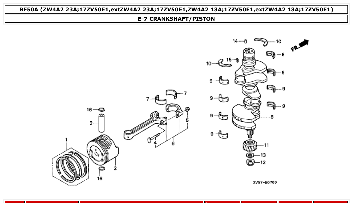 Honda BF50A CRANKSHAFT/PISTON parts diagram