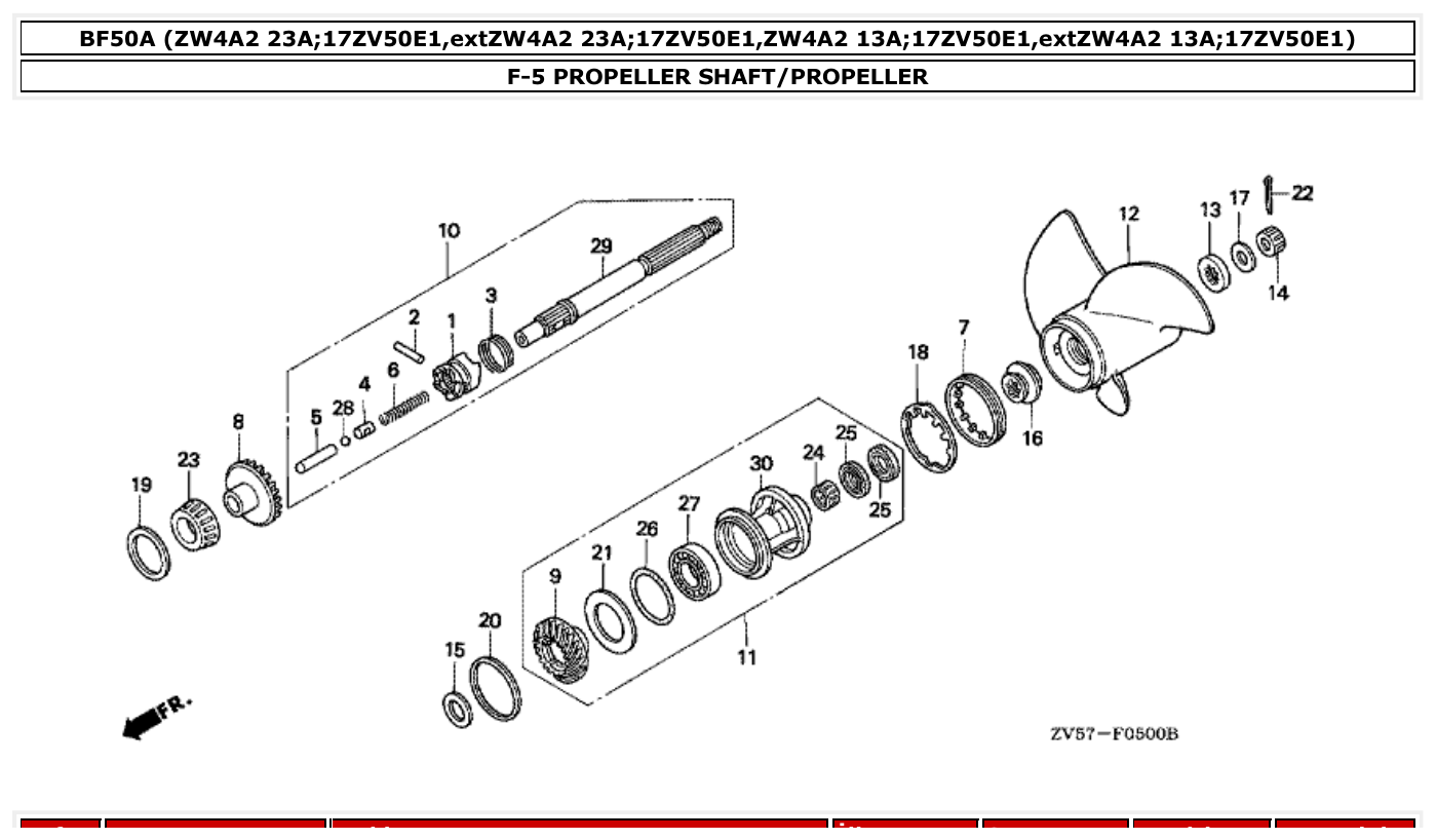 Honda BF50A PROPELLER SHAFT/PROPELLER parts diagram