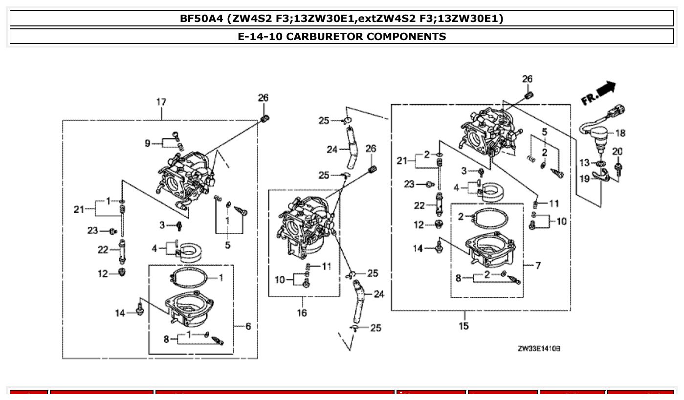Honda BF50A4 CARBURETOR COMPONENTS parts diagram