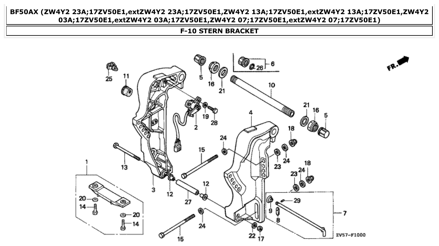 Honda BF50AX STERN BRACKET parts diagram