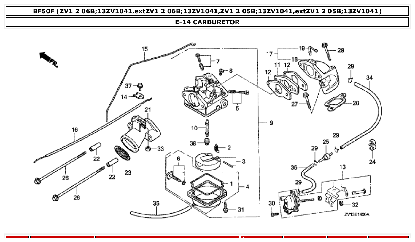 Honda BF50F CARBURETOR parts diagram