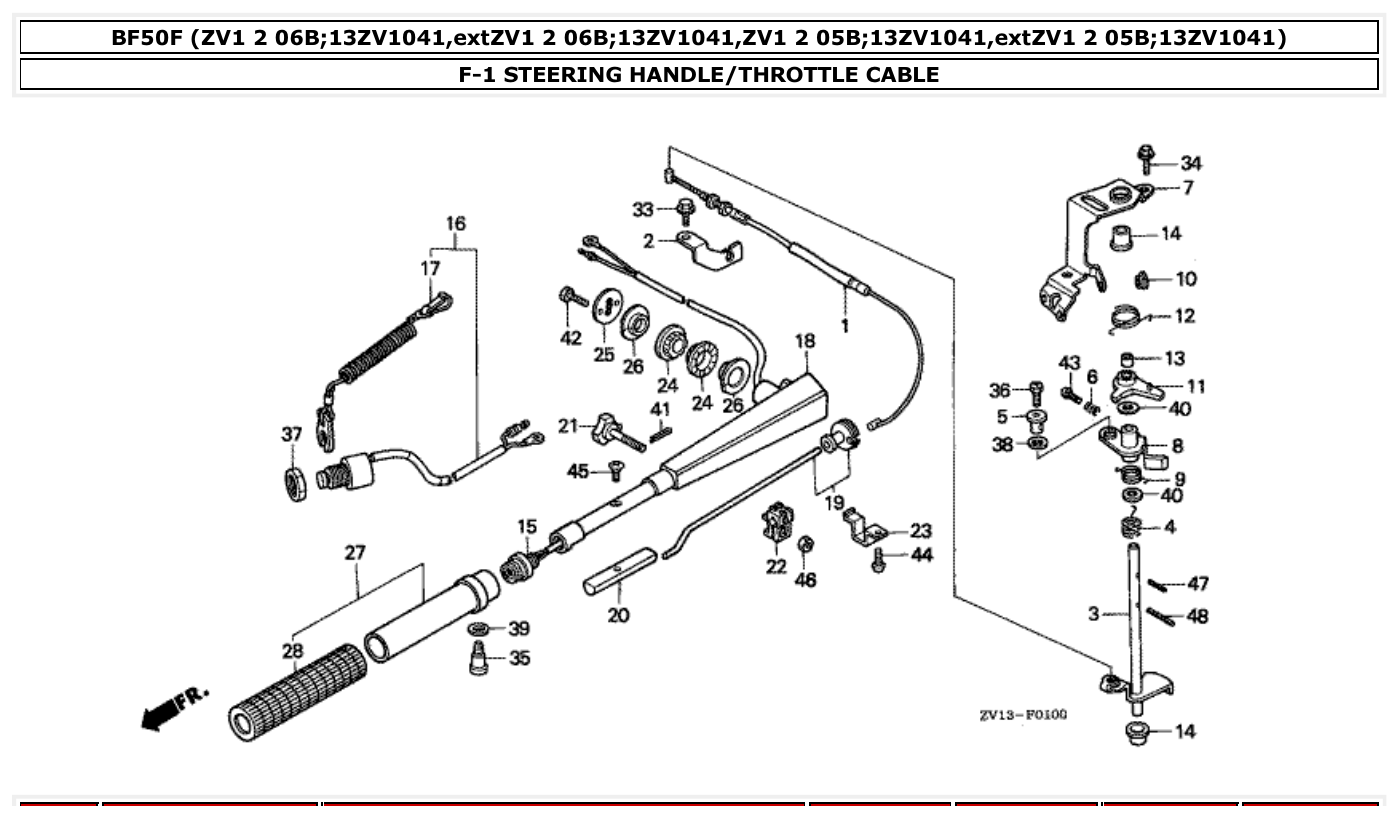 Honda BF50F STEERING HANDLE/THROTTLE CABLE parts diagram