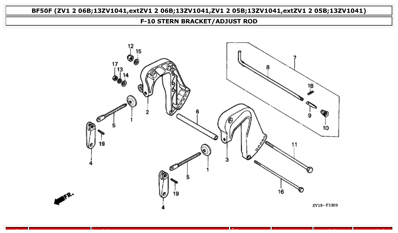 Honda BF50F STERN BRACKET/ADJUST ROD parts diagram