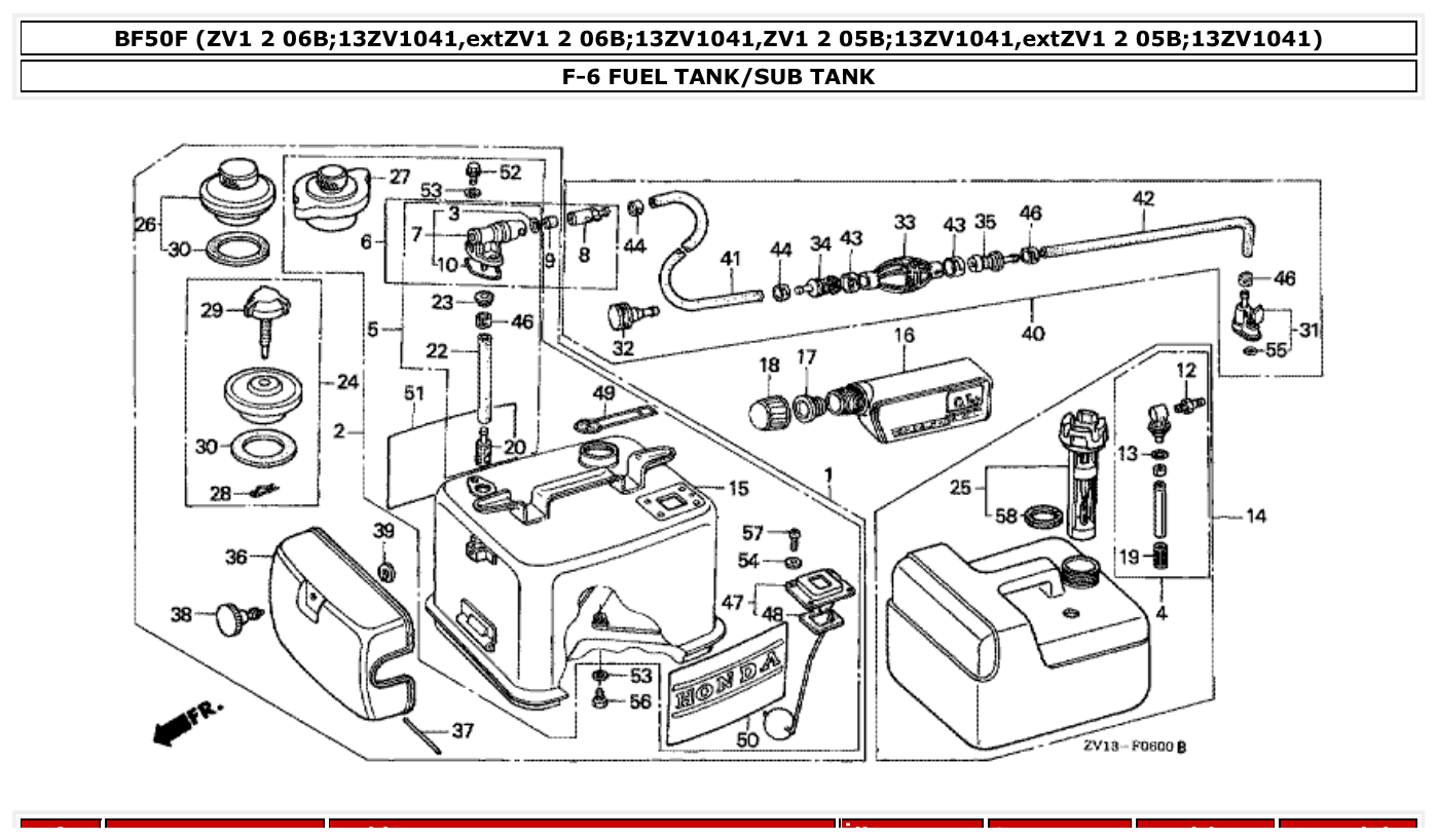 Honda BF50F FUEL TANK/SUB TANK parts diagram