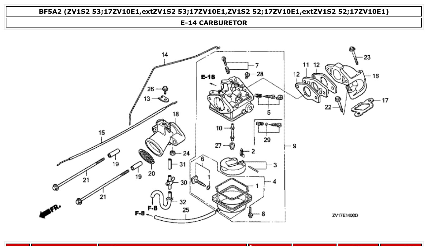 Honda BF5A2 CARBURETOR parts diagram