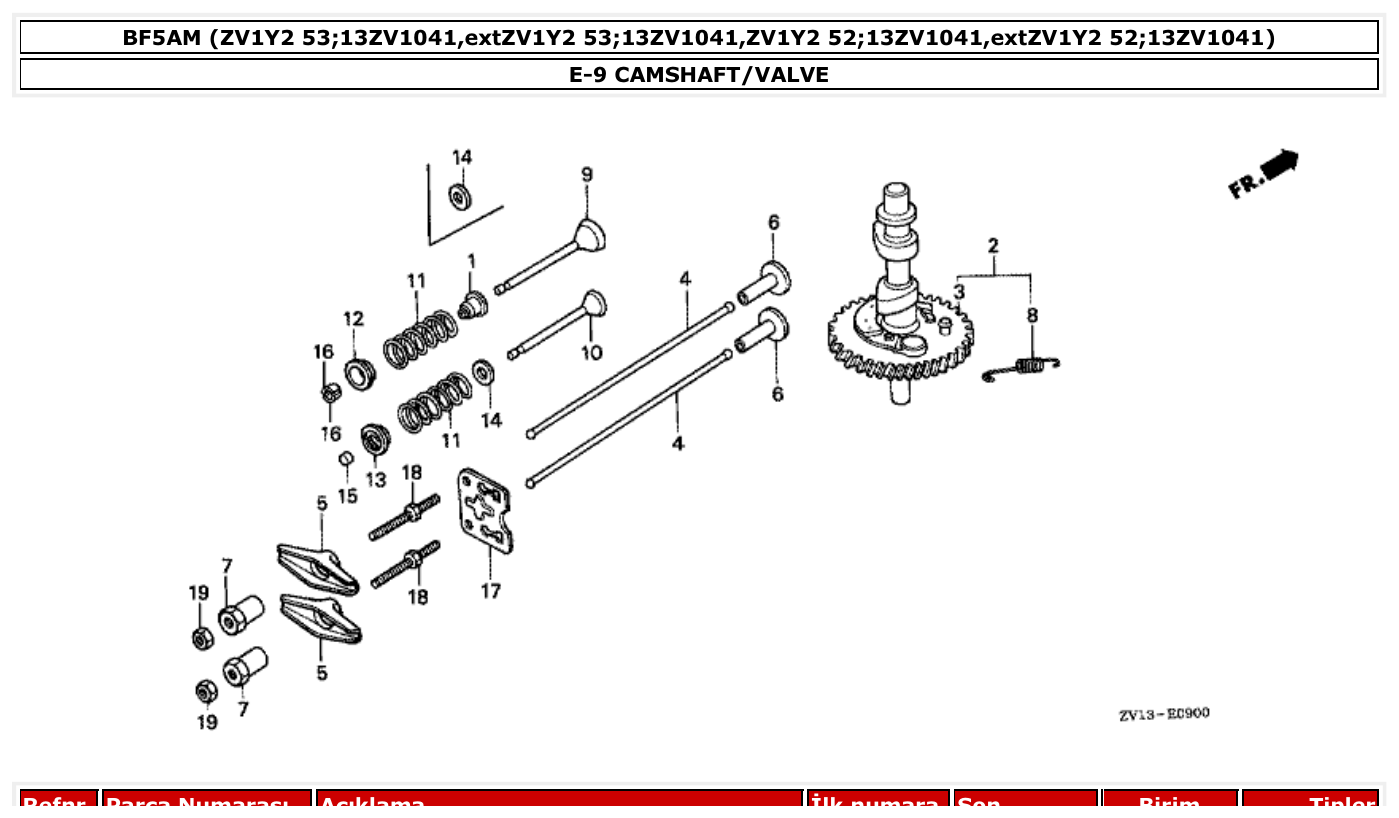 Honda BF5AM CAMSHAFT/VALVE parts diagram