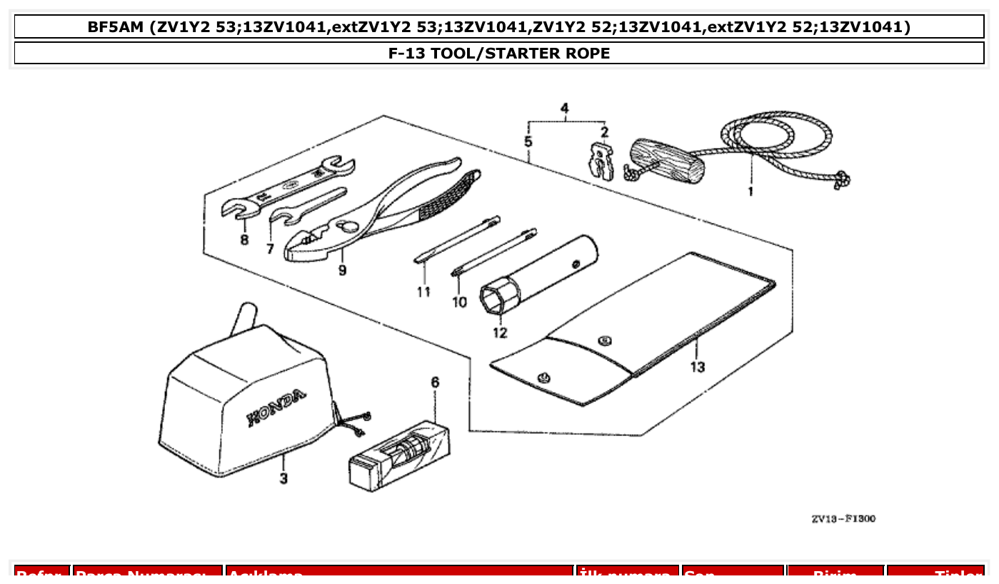 Honda BF5AM TOOL/STARTER ROPE parts diagram
