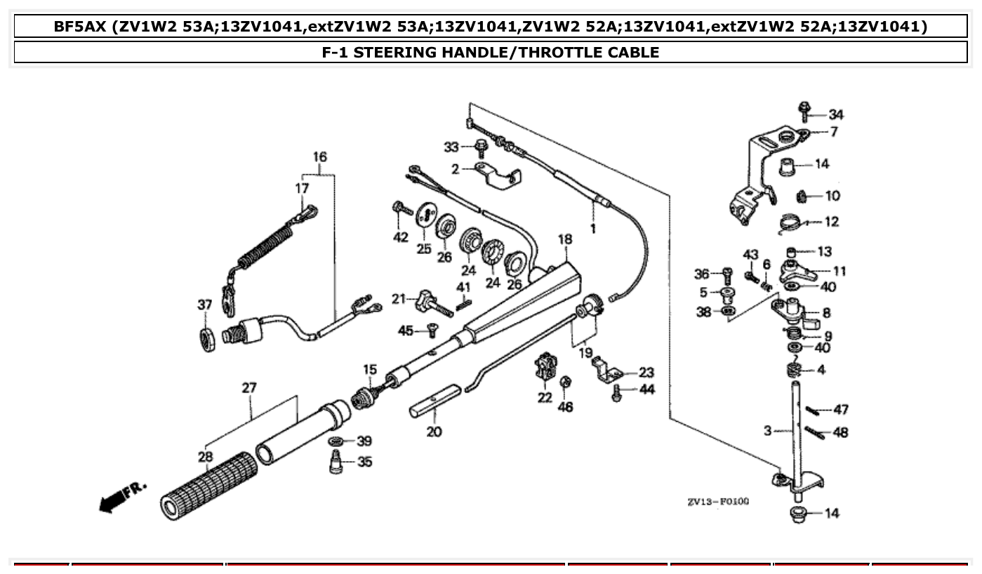 Honda BF5AX STEERING HANDLE/THROTTLE CABLE parts diagram
