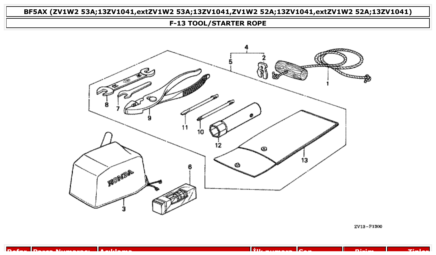 Honda BF5AX TOOL/STARTER ROPE parts diagram